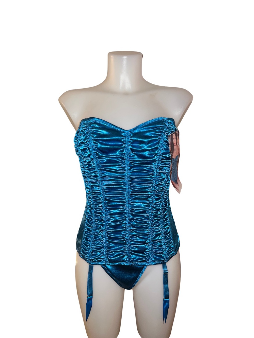Shirley of Hollywood Teal Blue Satin Ruched Strapless Bustier with Garters